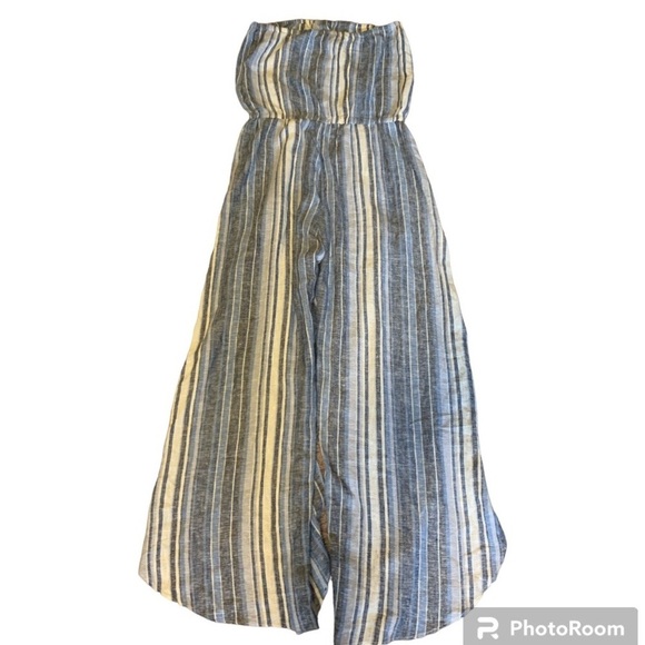 Anthropologie Drew Emerson Women’s Linen Strapless Jumpsuit Boho Blue Medium - Picture 3 of 7